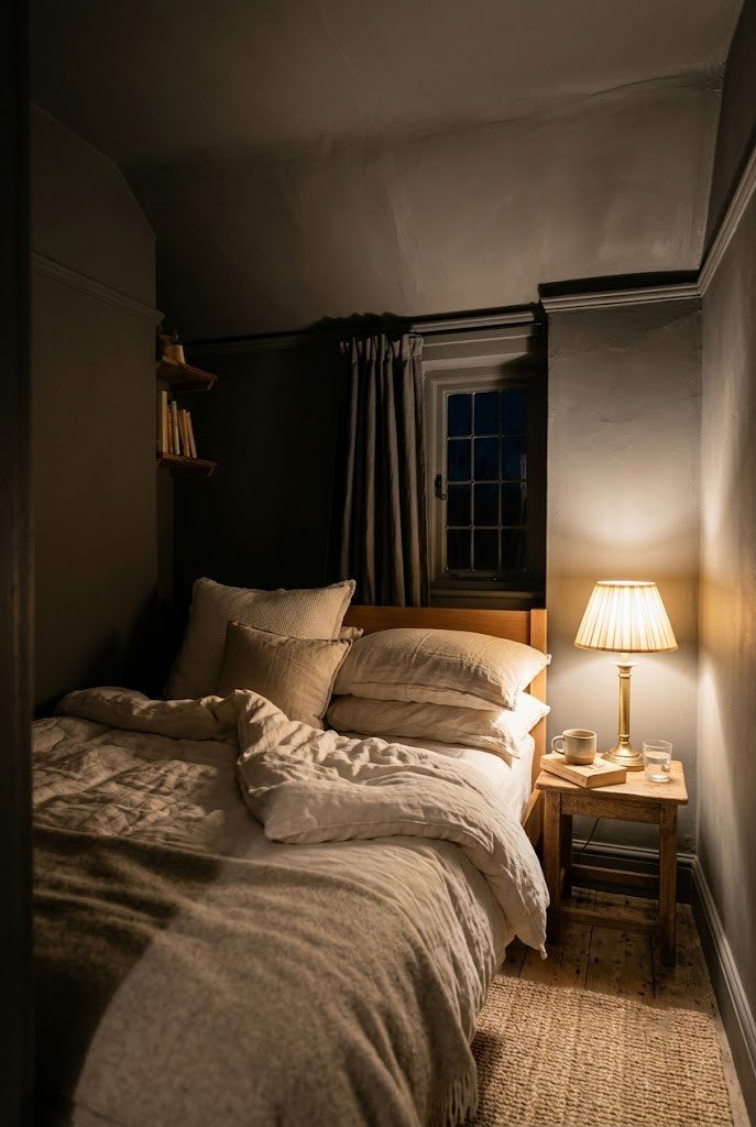 Small bedroom drenched in deep greige on walls and ceiling with pale glowing bedding