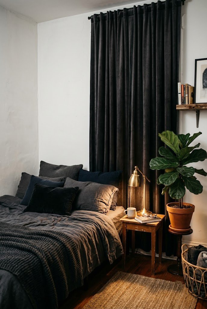 Small apartment bedroom made moody with charcoal curtains and dark bedding over white walls