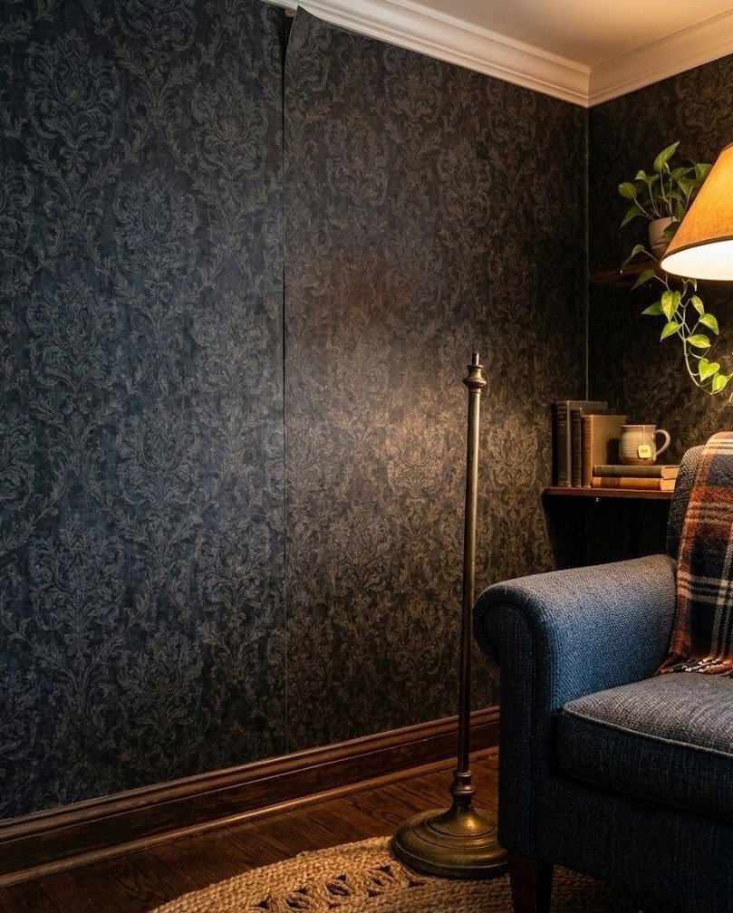 Dark damask peel-and-stick wallpaper on a corner wall behind a reading chair