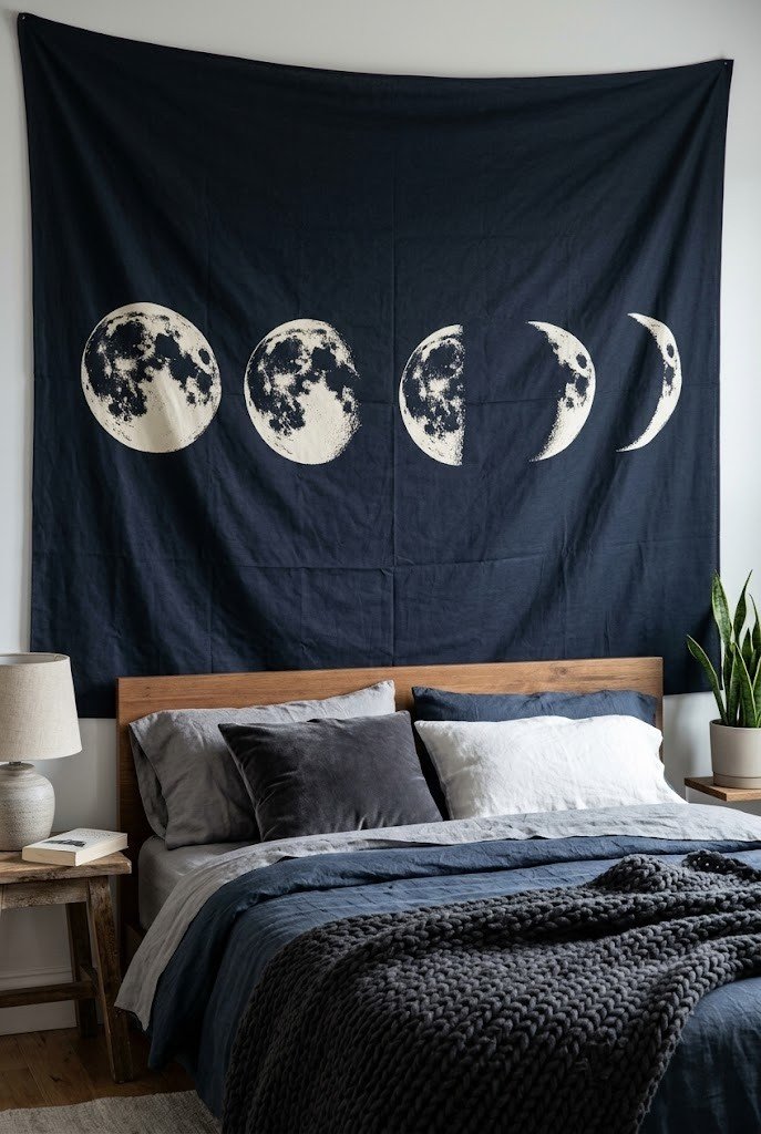 Large dark moon-phase tapestry hung flat on the wall behind a bed