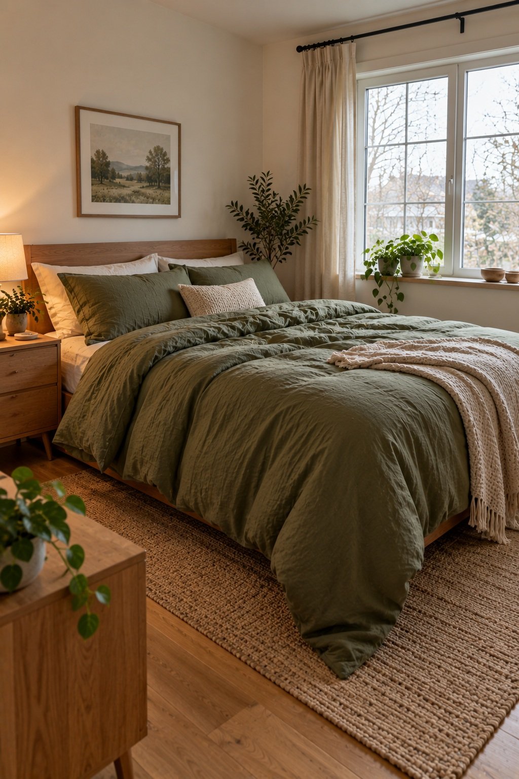 Moss green linen duvet cover on a double bed in a small white bedroom