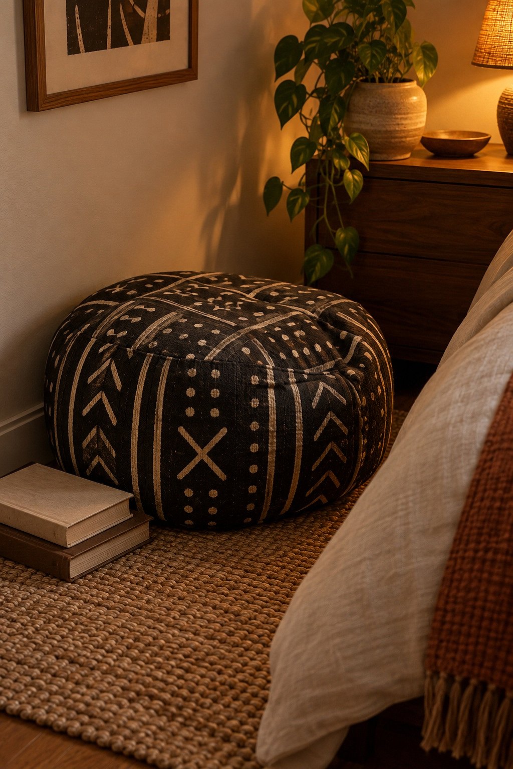 Round mudcloth pouf on the floor beside a bed with two stacked books