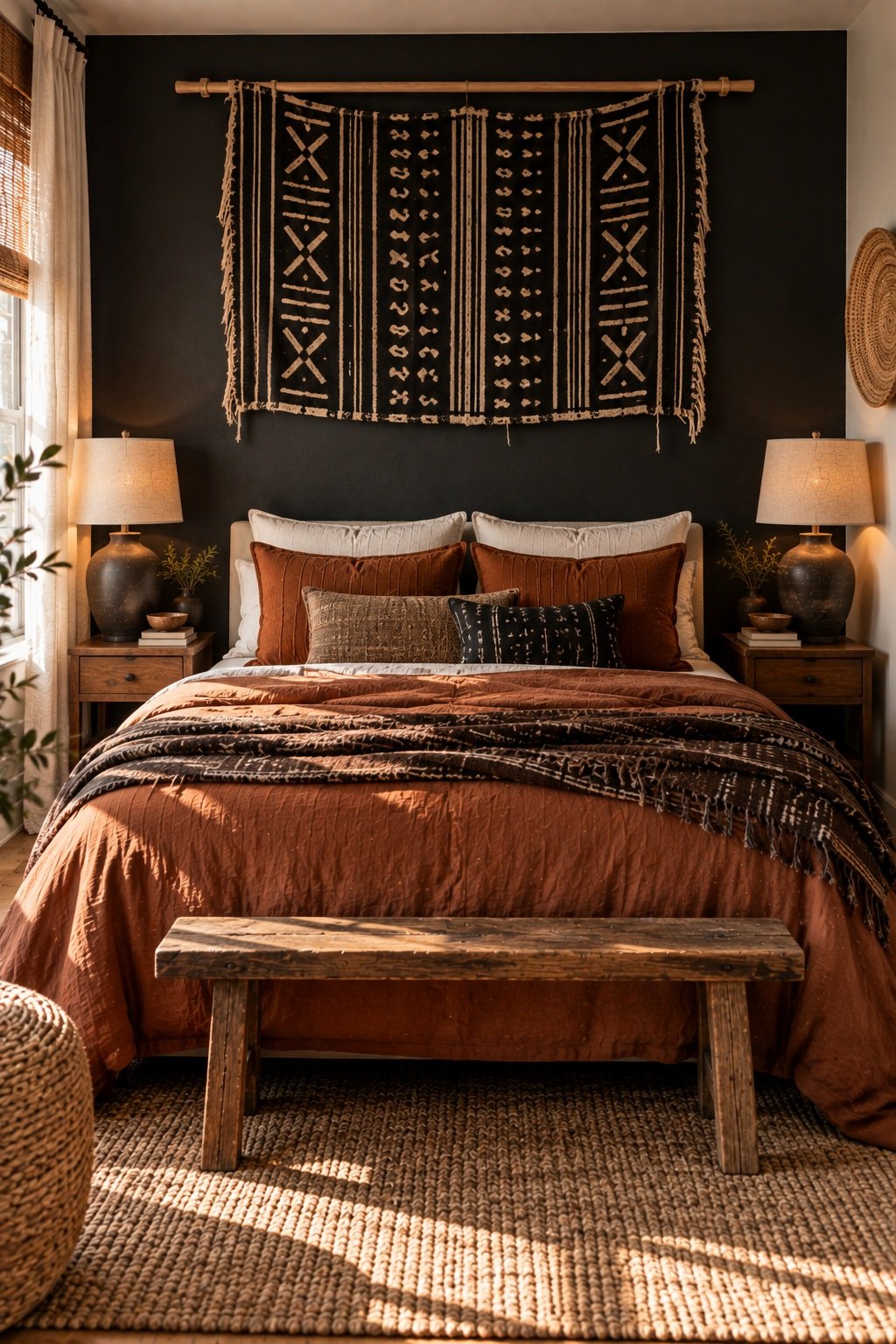 Black and cream mudcloth panel hung from a wooden dowel above a bed with rust bedding on a black wall