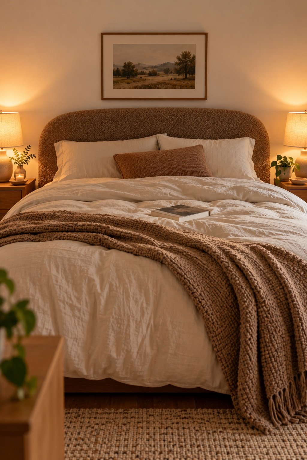 Mushroom brown boucle headboard with a rounded top on a full bed