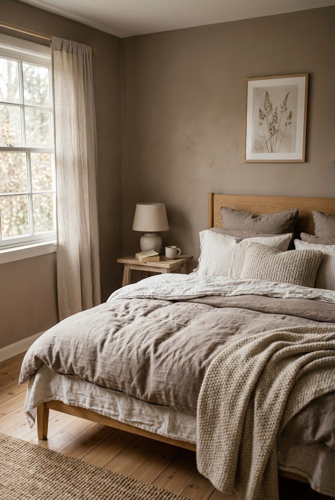 Small mushroom-taupe bedroom layered with linen, wool and light wood