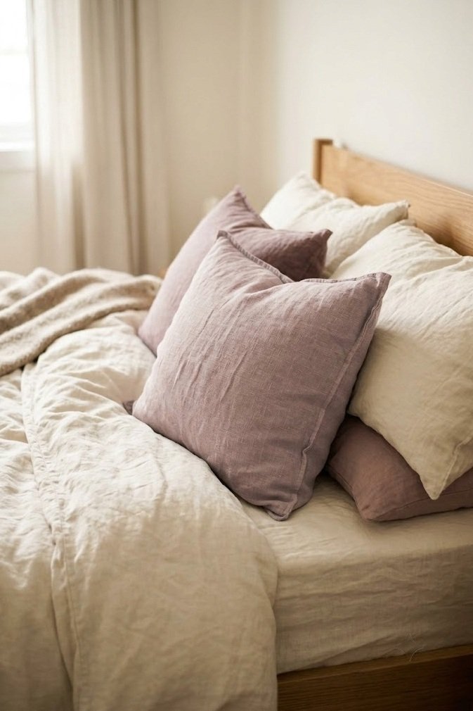 Muted dusty rose and mauve accents on cream bedding