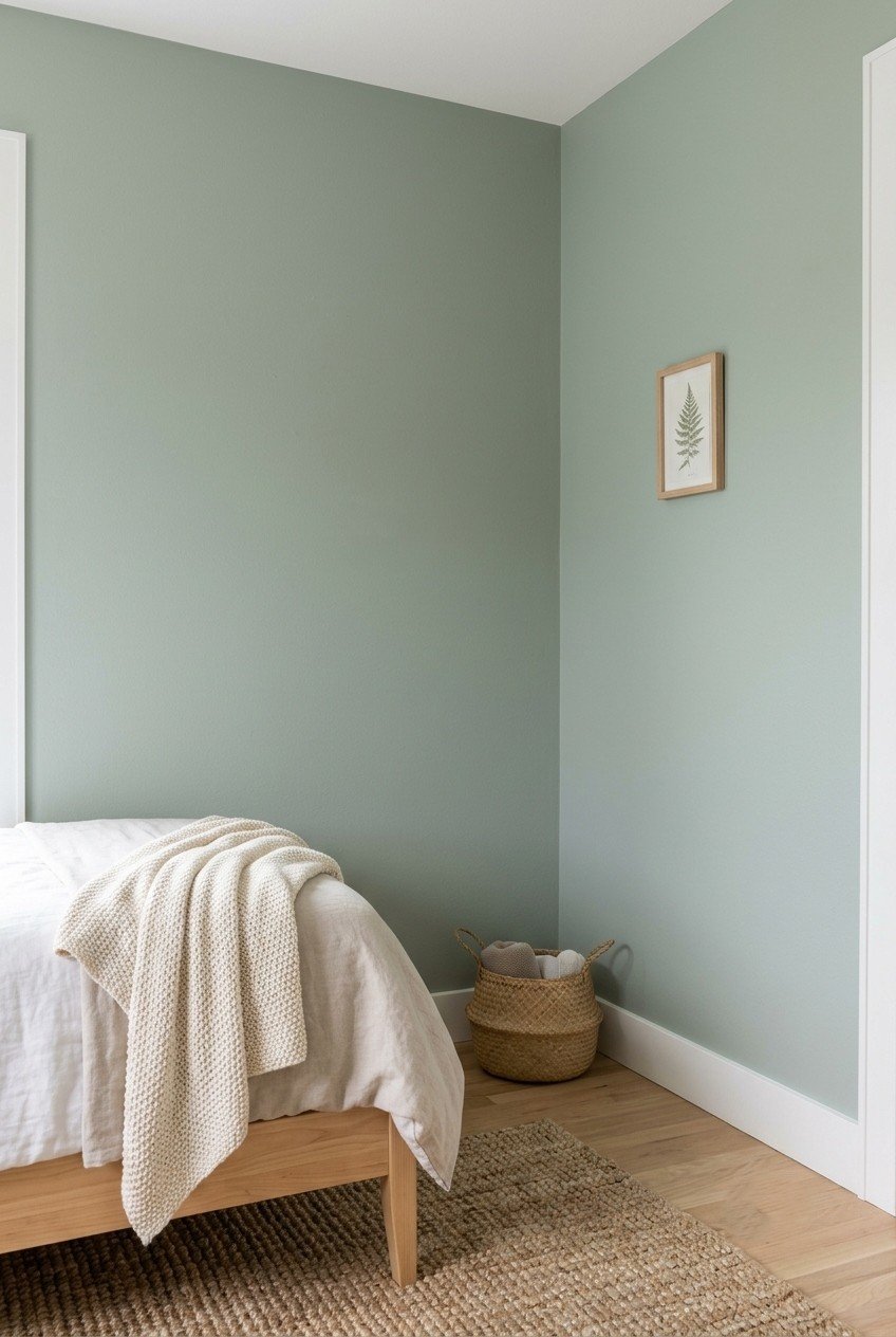 Bedroom wall painted a muted sage green with white trim