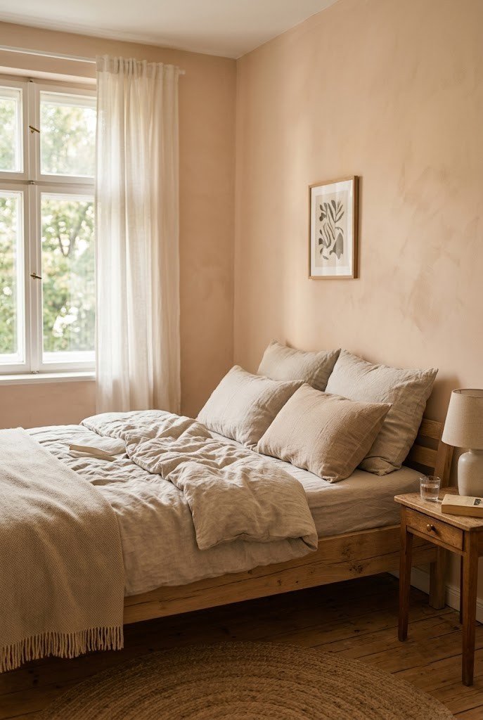 Small bedroom with soft warm linen-toned walls and neutral bedding