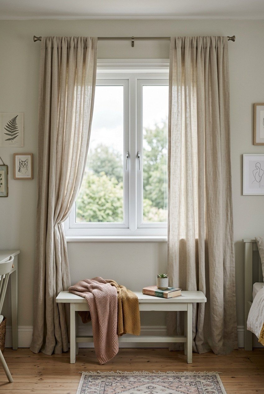 Floor-length oatmeal linen curtains on a simple rod framing a bedroom window
