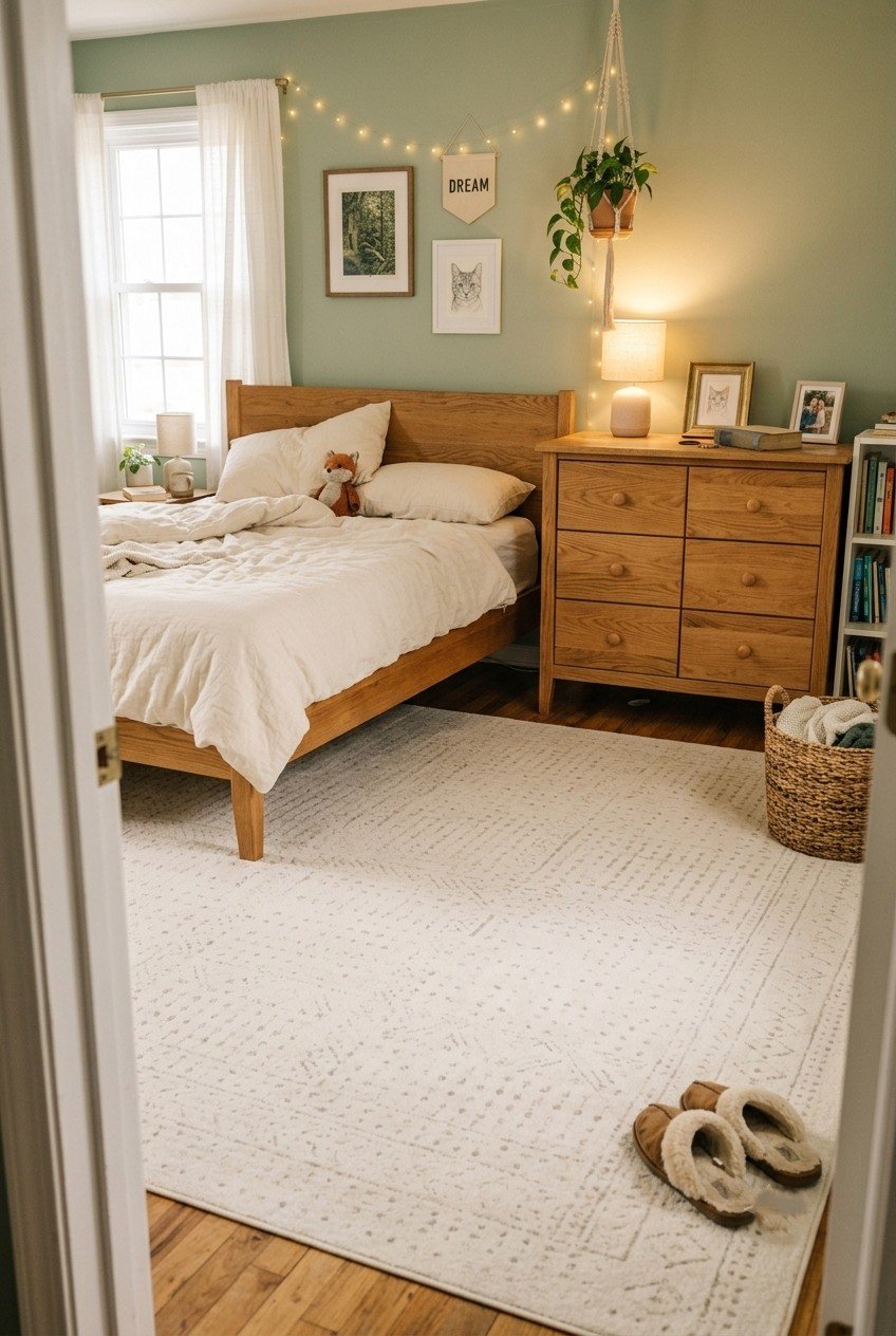 Large neutral ivory washable area rug with a subtle low-contrast pattern covering a bedroom floor