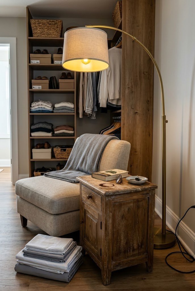 Wooden nightstand used as a side table with an arc floor lamp in a walk-in closet nook