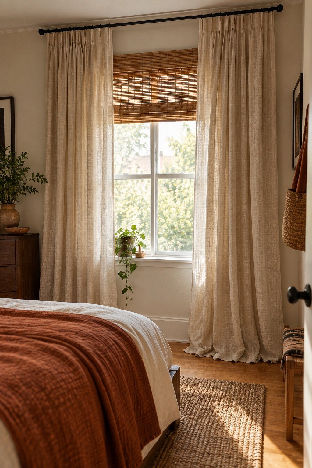 Oatmeal linen floor length curtains on a slim black rod hung near the ceiling and wider than the window