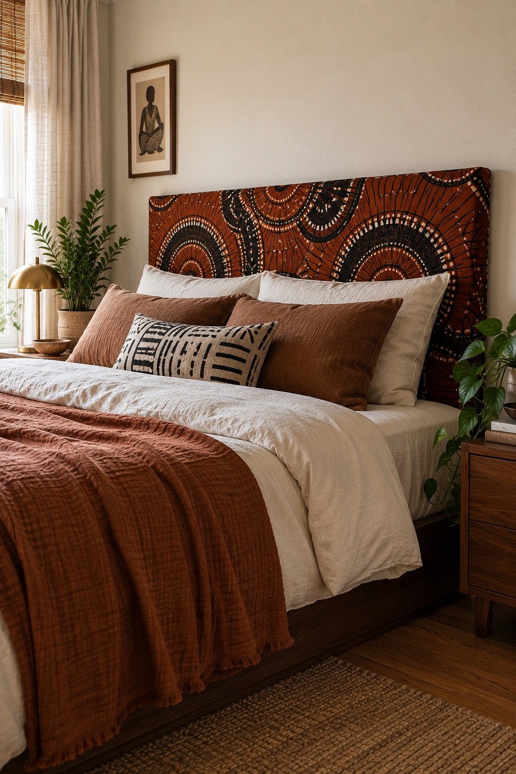 Wax print fabric wrapped board leaning against the wall behind a mattress as a no drill headboard