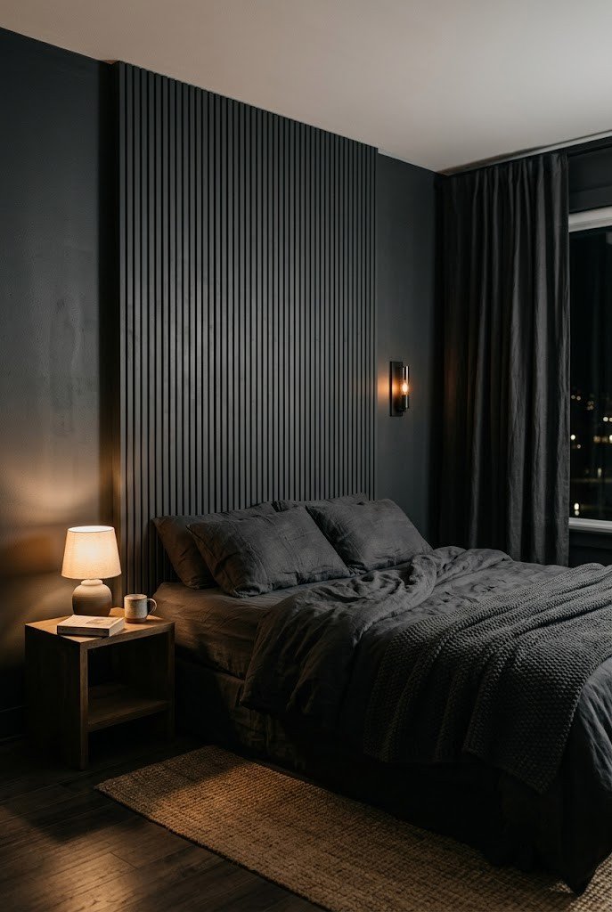 No-drill headboard alternative behind a bed in a moody apartment bedroom