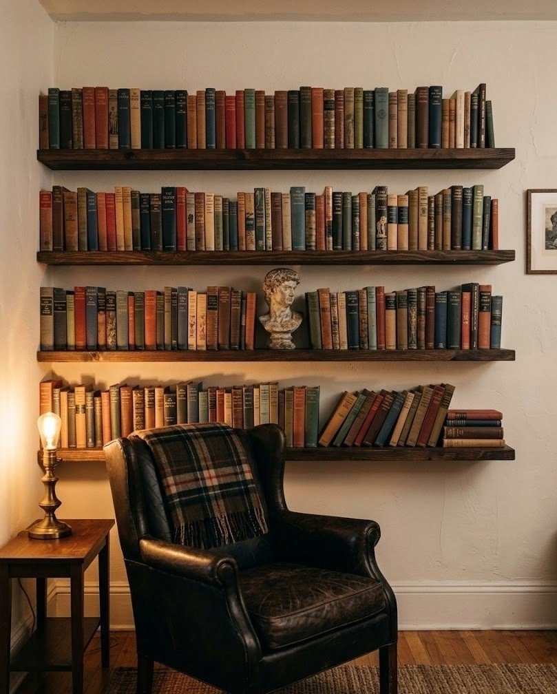 Dark wood no-drill floating shelves stacked up a wall behind a chair, packed with vintage books