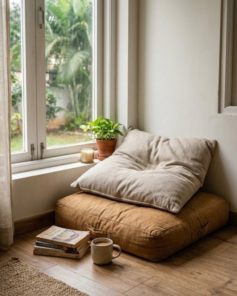 Two oversized oat and caramel floor cushions stacked in a sunny window corner