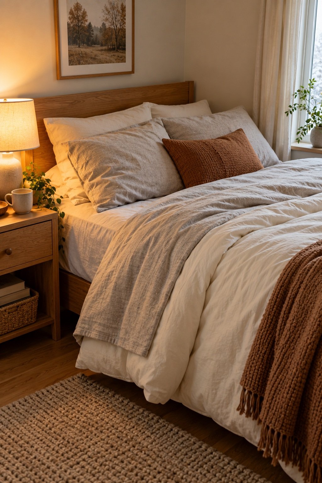 Oatmeal flannel sheets folded over a cream duvet in a small corner bedroom