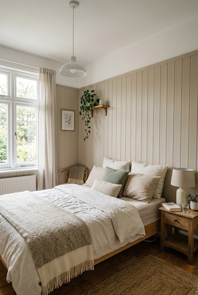 Small bedroom with vertical oatmeal paneling that heightens the wall