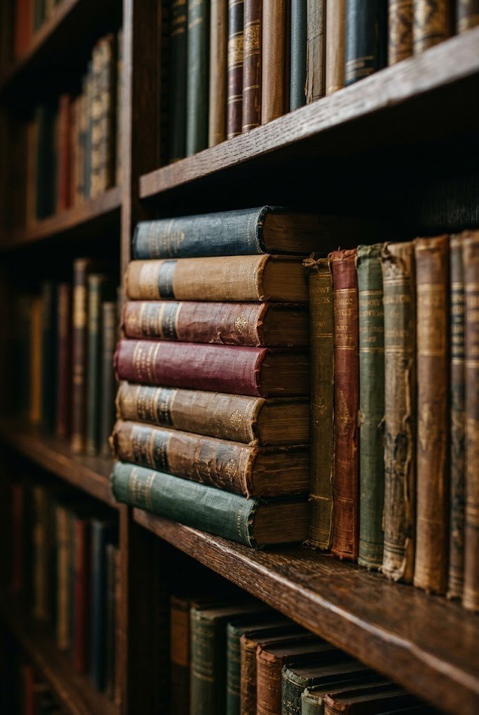 Thrifted old hardcover books with jackets removed showing aged spines
