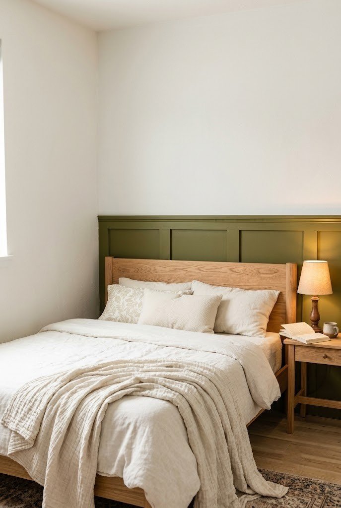 Warm olive green accent wall with oak furniture in a bedroom