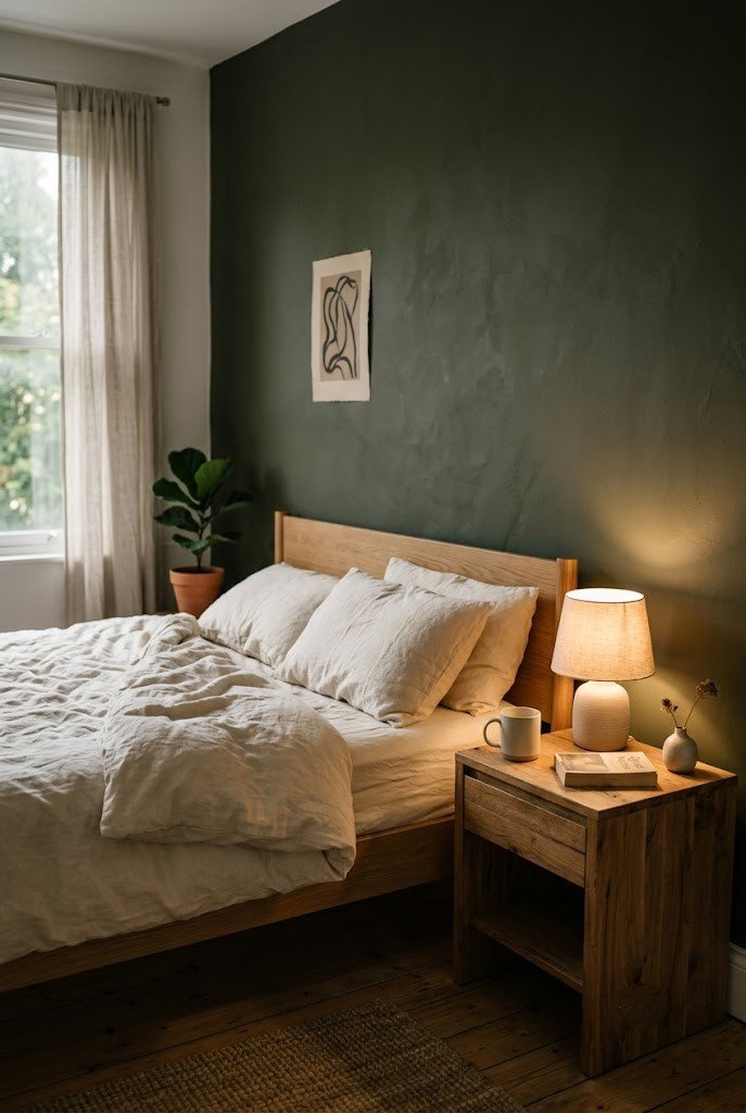 Deep olive accent wall with warm wood and cream bedding in a moody bedroom