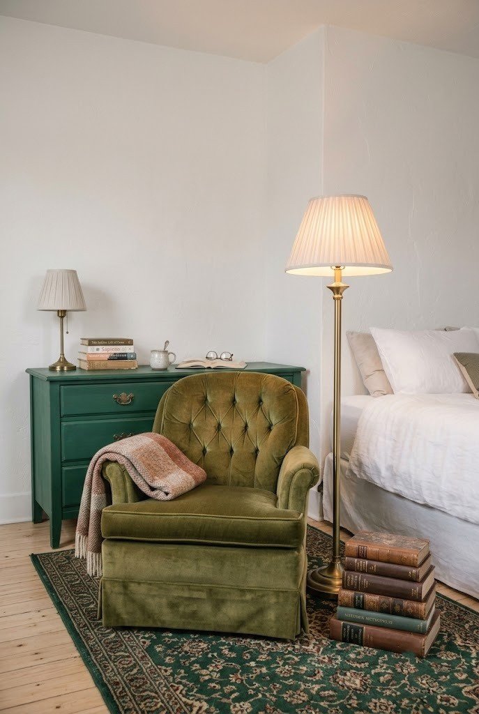 Olive green velvet accent chair in a bedroom corner with a floor lamp