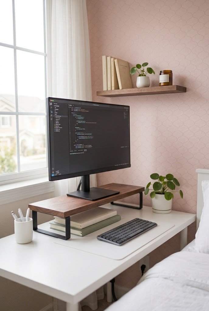One tension-mounted floating shelf above a small desk
