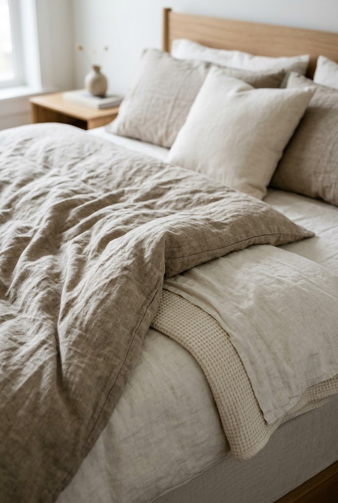 Neutral bed with duvet folded back a third to show layered quilt and sheets