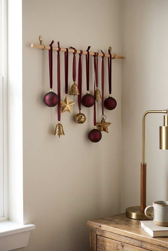 Wooden dowel hung on a wall with burgundy and brass ornaments on ribbons