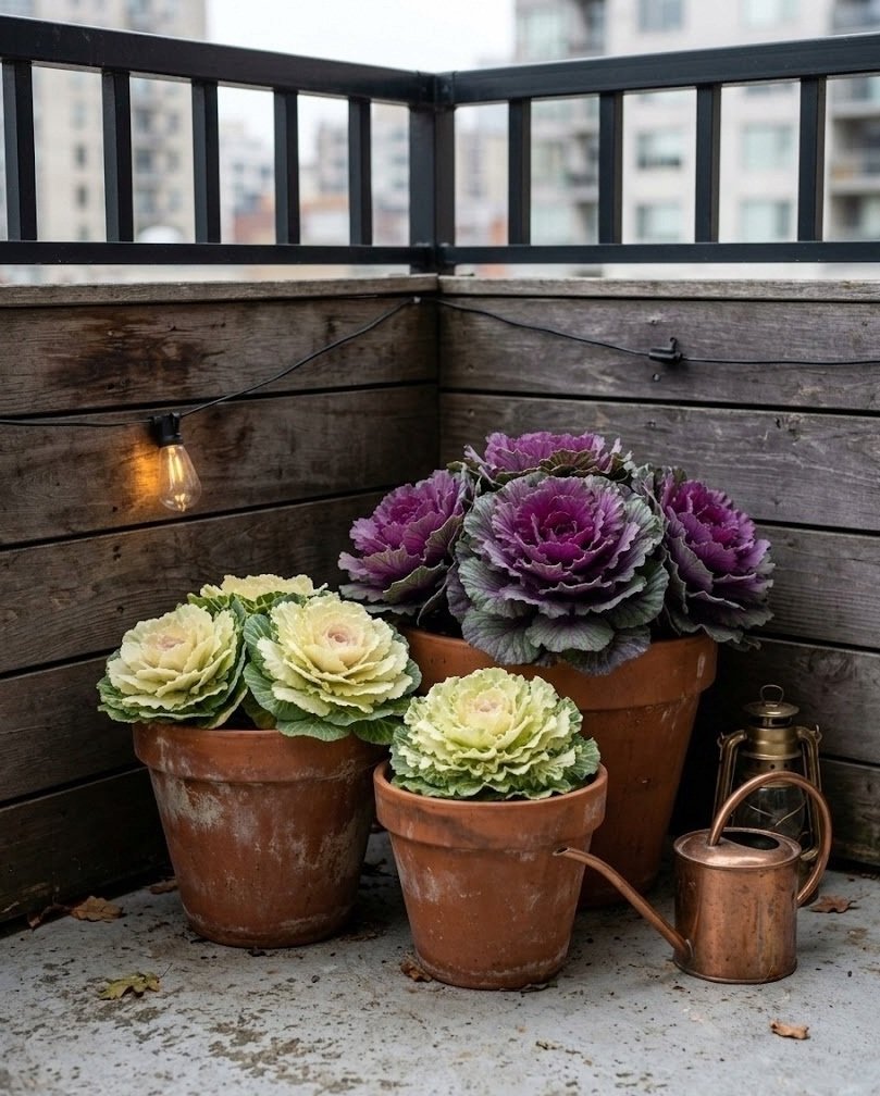 Terracotta pots of purple ornamental kale and cream cabbage on a balcony