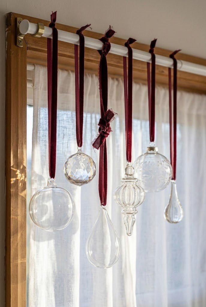 Glass ornaments hanging on burgundy ribbon from a bedroom curtain rod