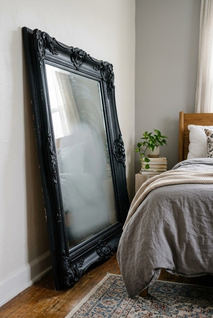 Large ornate mirror painted matte black leaning on the floor beside a bed