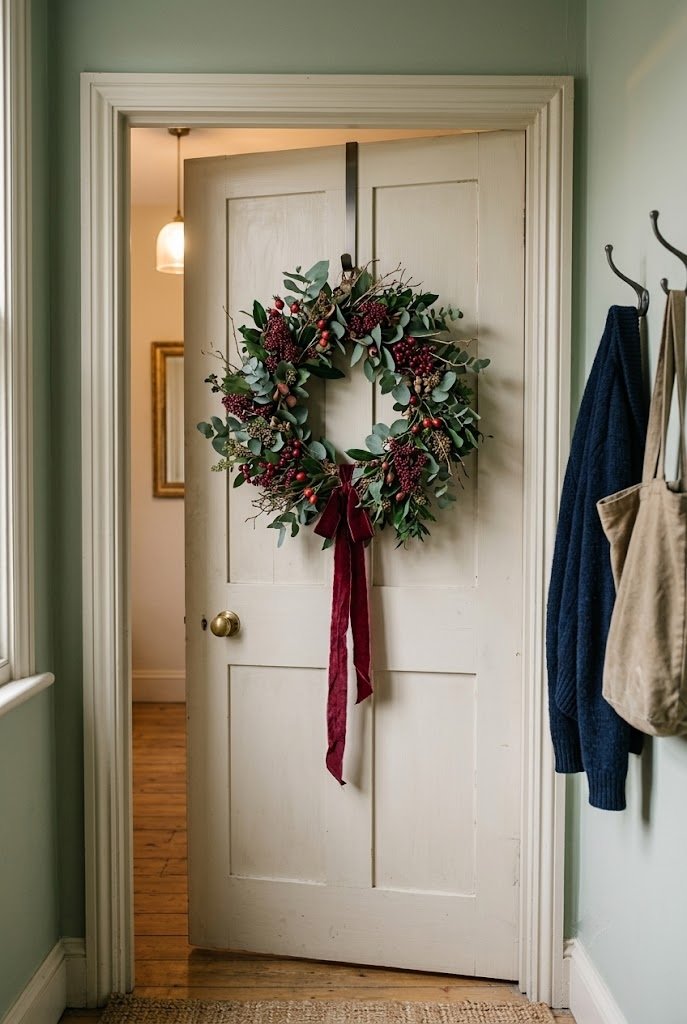 Burgundy berry wreath on a bedroom door hung from an over-the-door hook