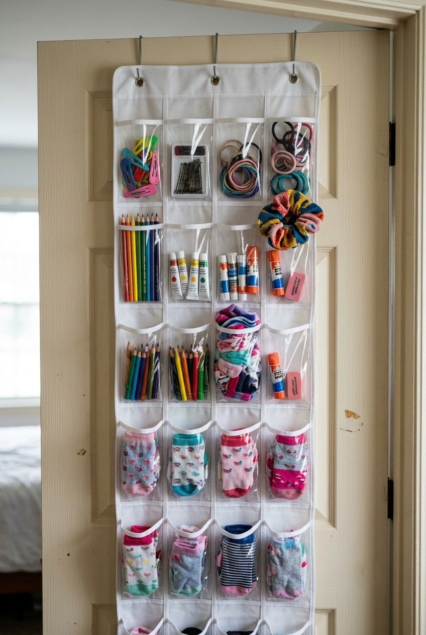 Clear-pocket over-the-door organizer filled with hair accessories and small art supplies
