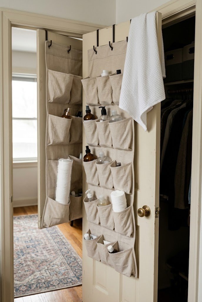 Fabric over the door organizer on a closet door holding bottles and cotton pads