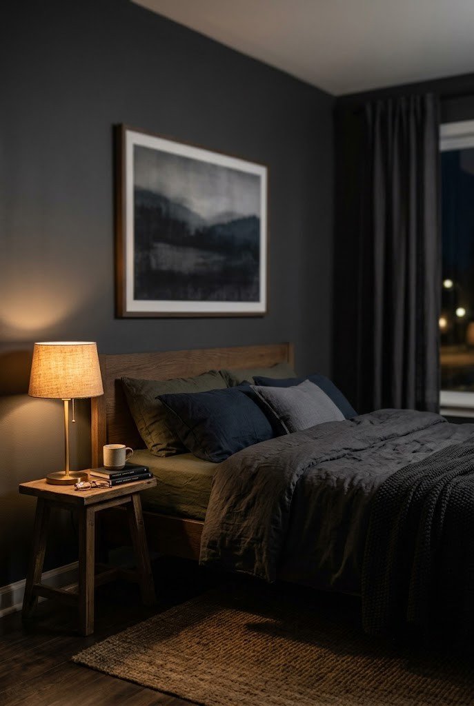 Minimalist moody bedroom with a single oversized dark art print above the bed