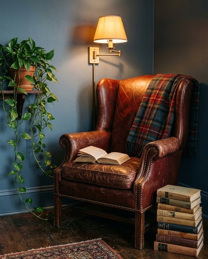 Worn oxblood leather wingback in a corner with a brass plug-in sconce and stacked vintage books