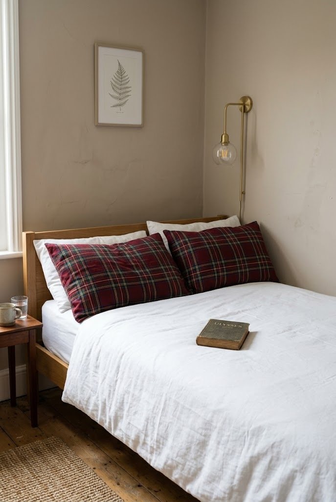 Oxblood tartan plaid pillowcases on a white bed against a plain wall