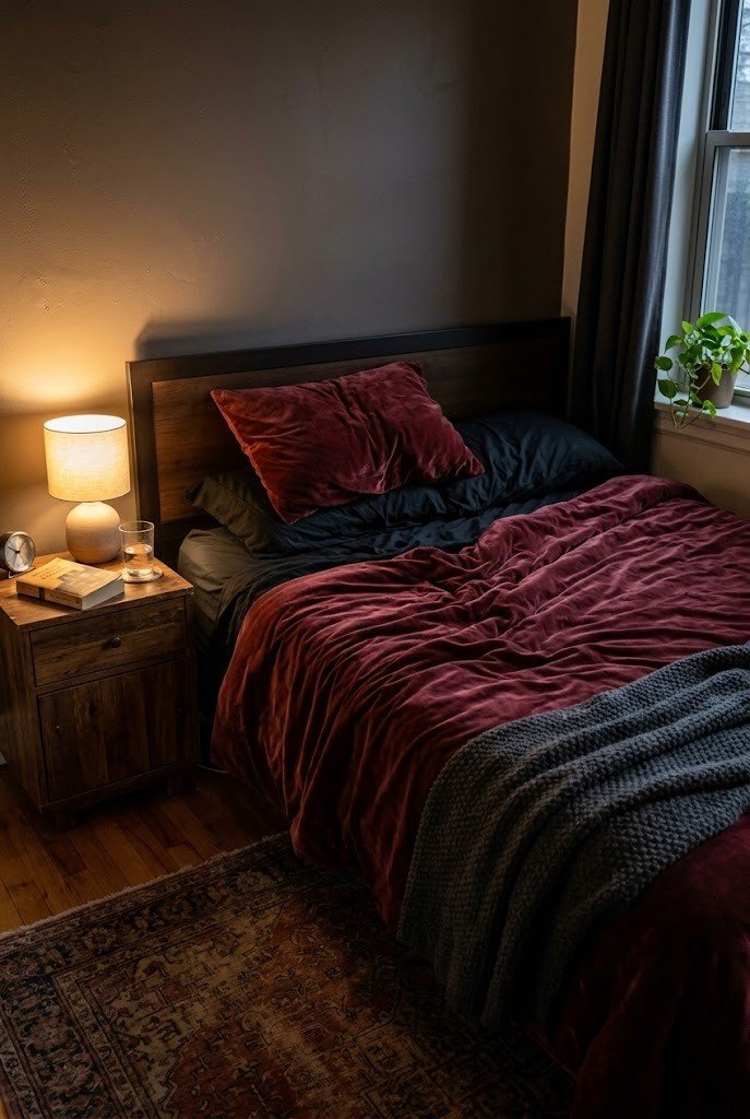Bed with a deep oxblood velvet duvet, black sheets, and a charcoal knit throw in a moody bedroom