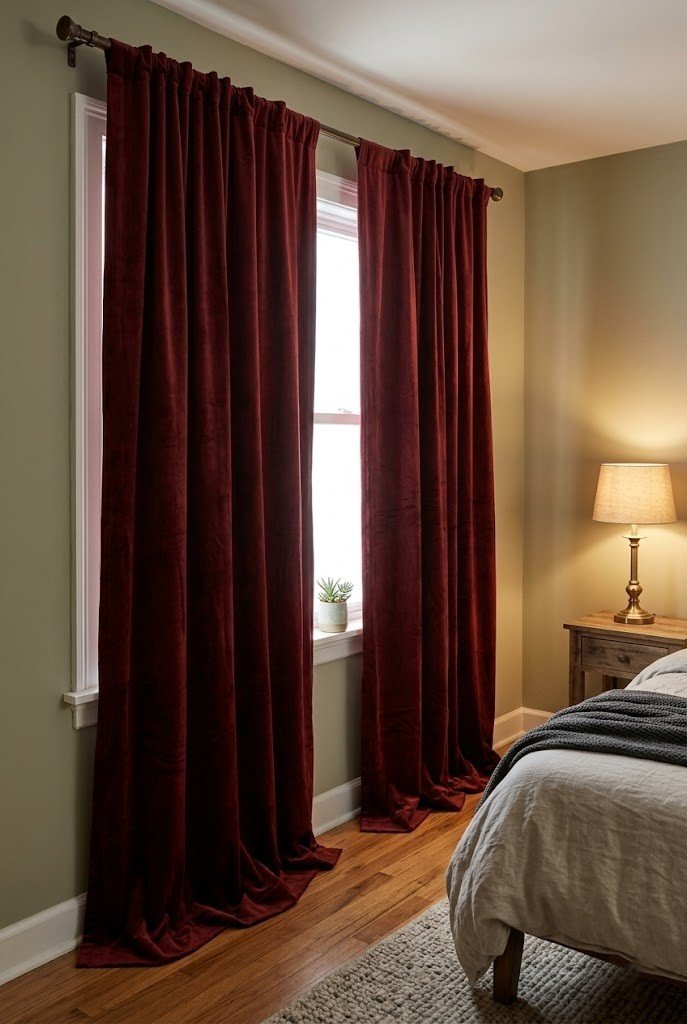 Oxblood velvet blackout curtains drawn nearly closed over a bedroom window