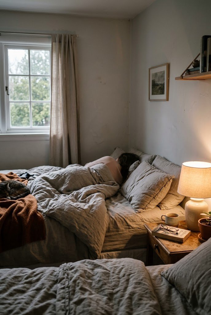 Small dim bedroom painted in soft warm greige-white with a glowing bedside lamp