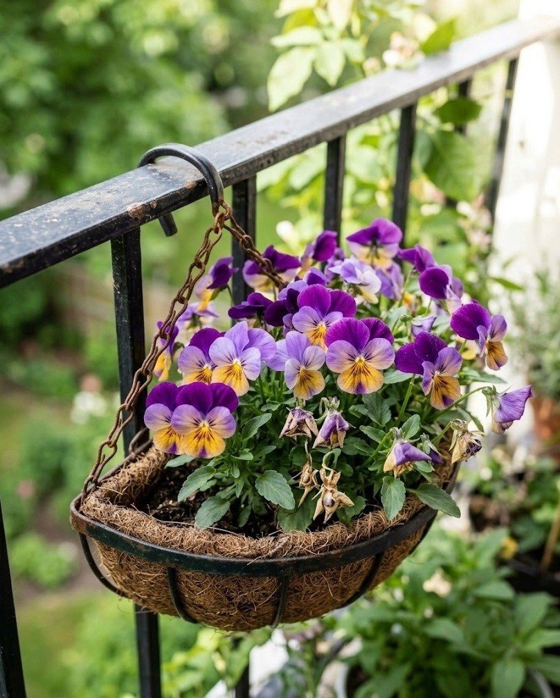 Hanging basket of purple and gold pansies on a balcony railing
