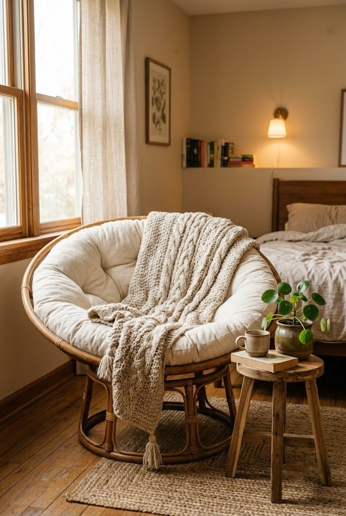 Rattan papasan chair with a thick cushion tucked into a cozy bedroom corner