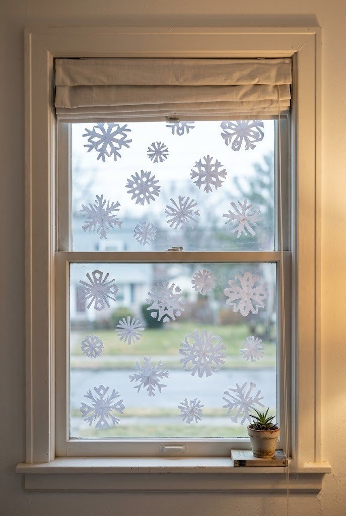 White paper snowflakes stuck to a small bedroom window