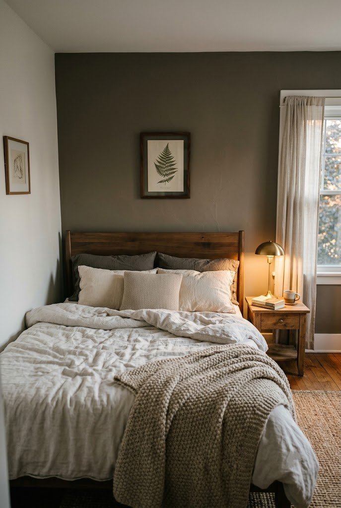 Small bedroom with a deep greige accent wall behind the bed