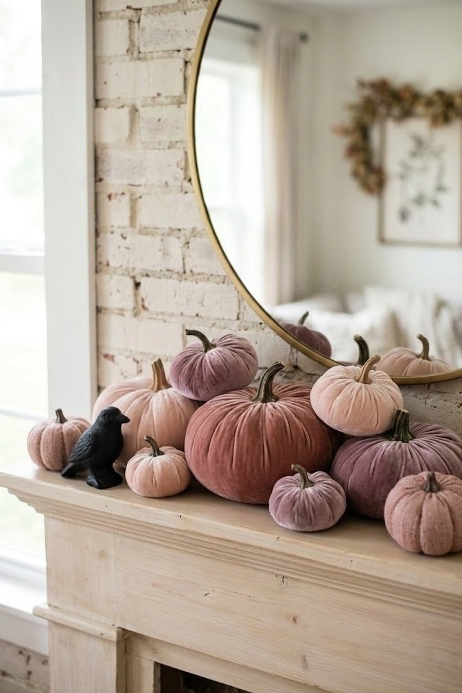 Pastel velvet pumpkin cluster on a mantel for cute Pinkoween renter Halloween decor