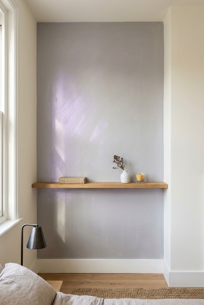 Pale gray pearlescent glaze on a small bedroom alcove wall showing a violet shimmer