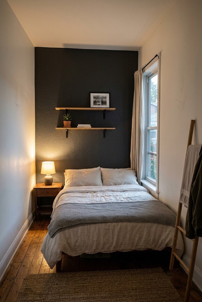 Small rental bedroom with a dark peel-and-stick accent wall behind the bed