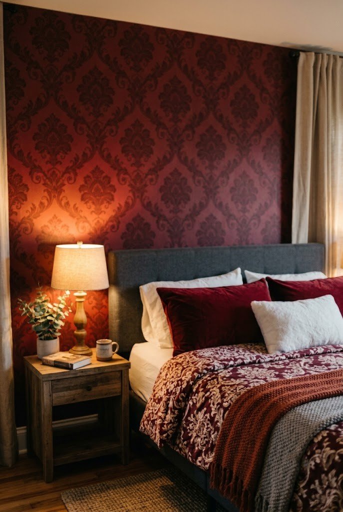 Burgundy floral peel-and-stick wallpaper accent wall behind a bed