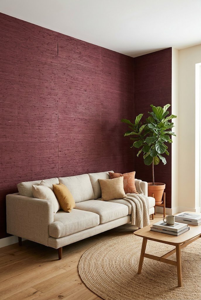 Peel and stick textured burgundy wallpaper on one wall behind a low sofa
